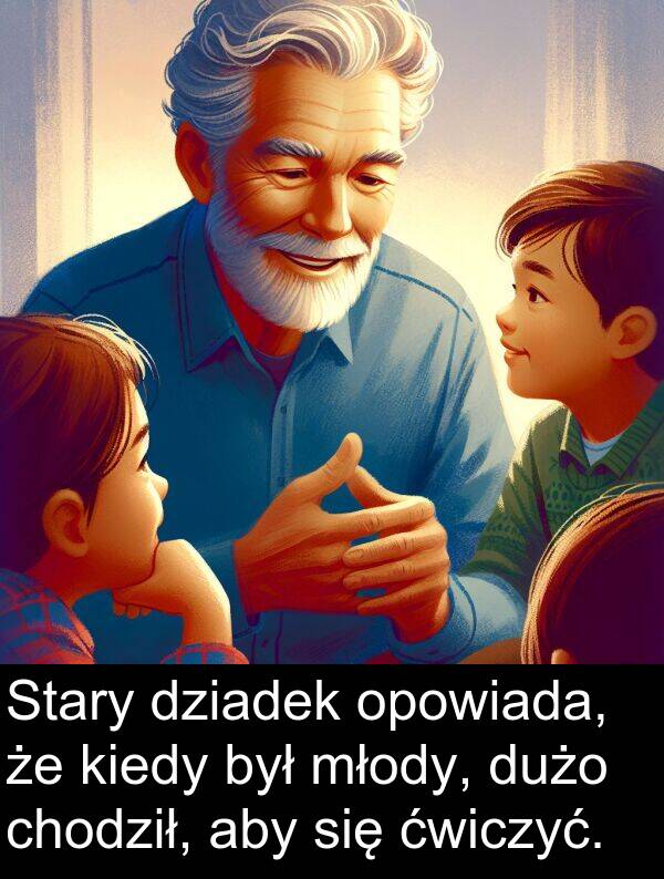 ćwiczyć: Stary dziadek opowiada, że kiedy był młody, dużo chodził, aby się ćwiczyć.
