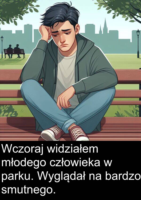 widziałem: Wczoraj widziałem młodego człowieka w parku. Wyglądał na bardzo smutnego.