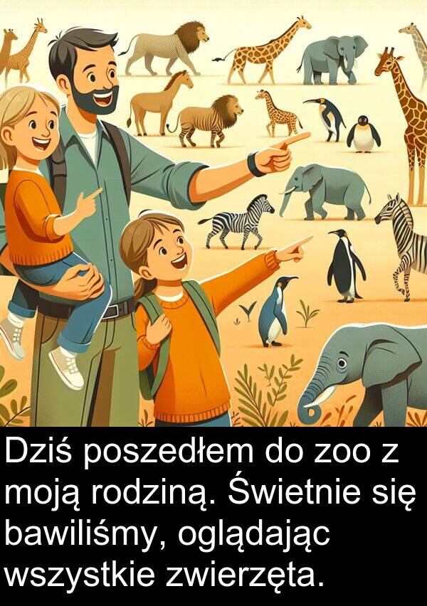 zoo: Dziś poszedłem do zoo z moją rodziną. Świetnie się bawiliśmy, oglądając wszystkie zwierzęta.
