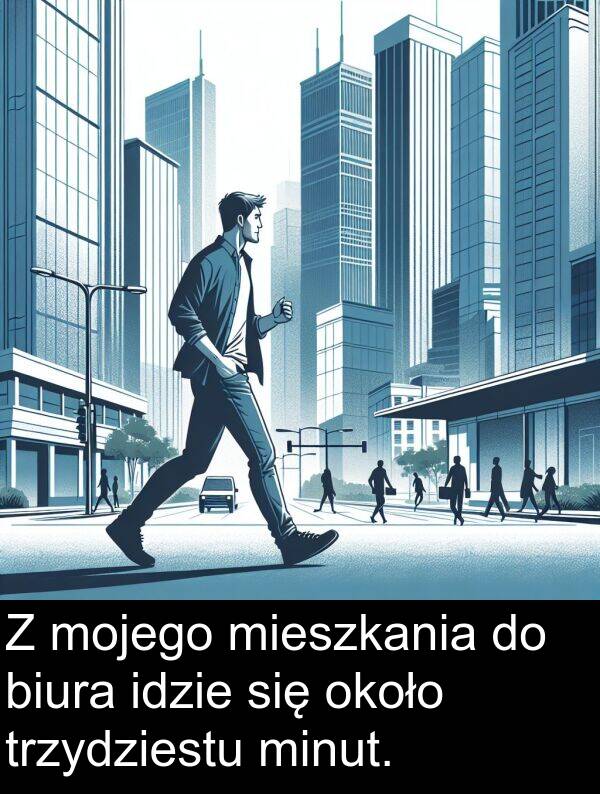 około: Z mojego mieszkania do biura idzie się około trzydziestu minut.