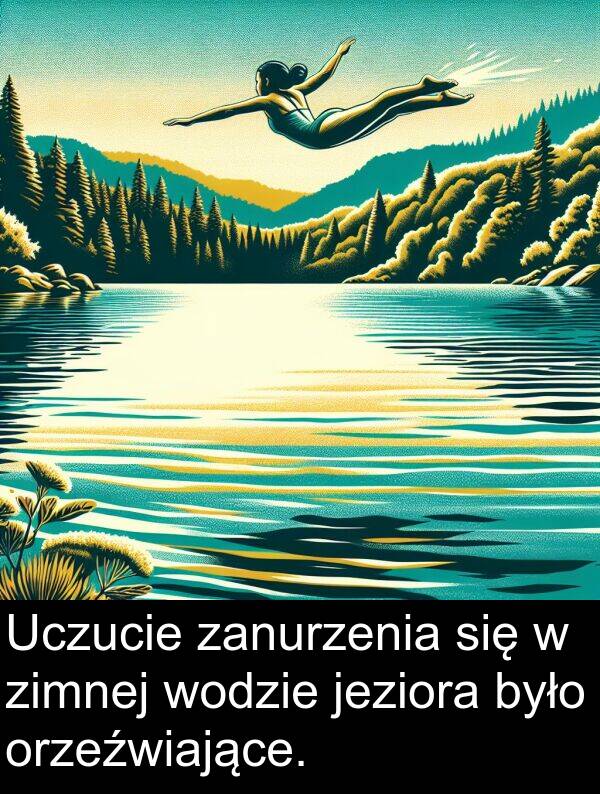 zimnej: Uczucie zanurzenia się w zimnej wodzie jeziora było orzeźwiające.