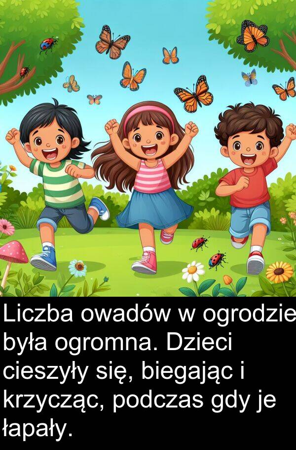 łapały: Liczba owadów w ogrodzie była ogromna. Dzieci cieszyły się, biegając i krzycząc, podczas gdy je łapały.