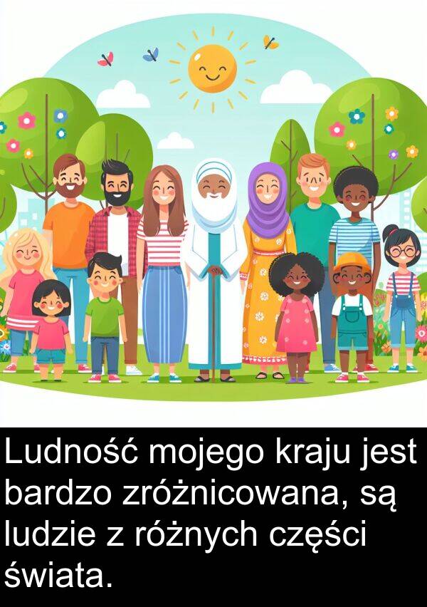 zróżnicowana: Ludność mojego kraju jest bardzo zróżnicowana, są ludzie z różnych części świata.