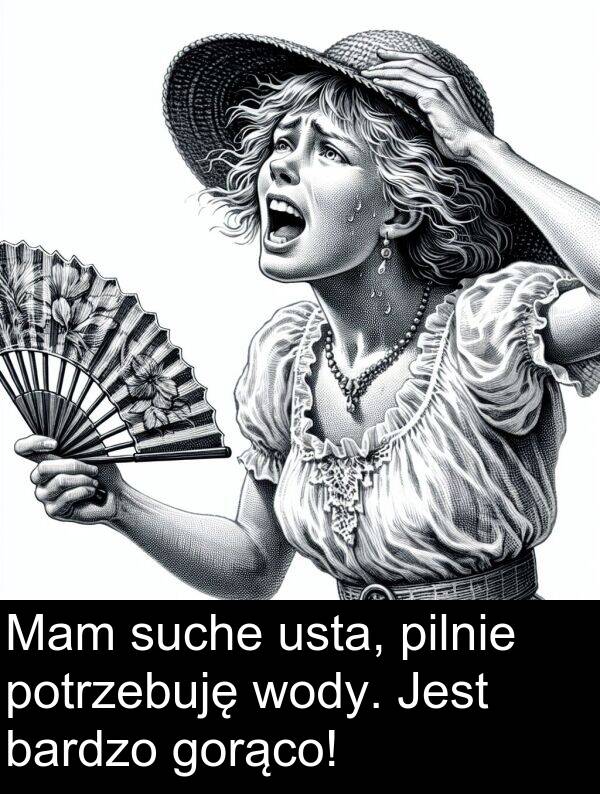 pilnie: Mam suche usta, pilnie potrzebuję wody. Jest bardzo gorąco!
