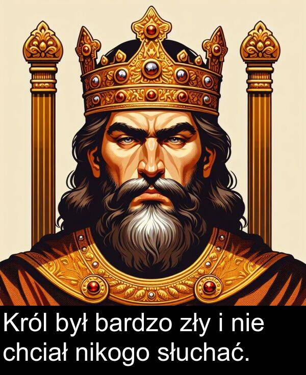 zły: Król był bardzo zły i nie chciał nikogo słuchać.