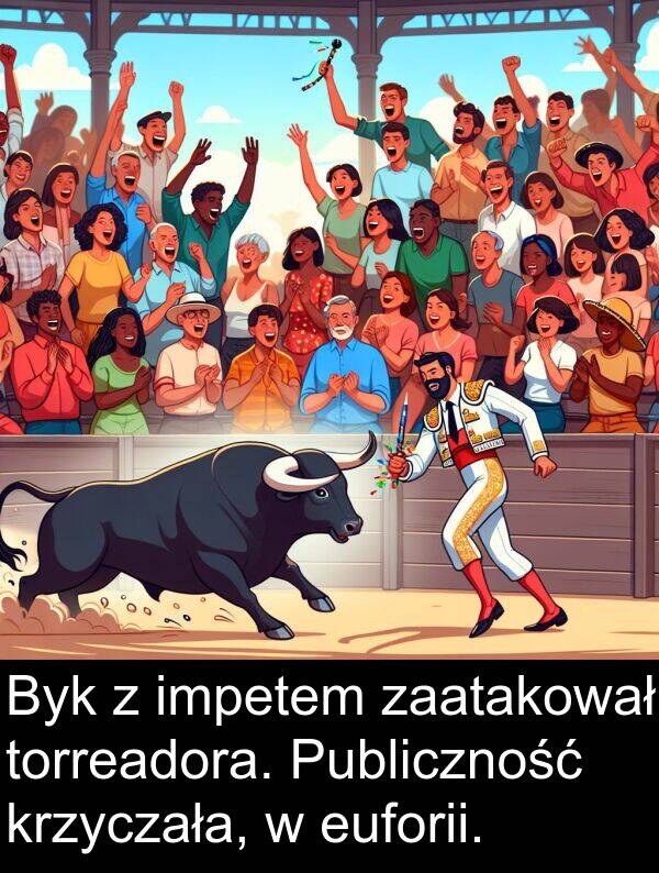 impetem: Byk z impetem zaatakował torreadora. Publiczność krzyczała, w euforii.