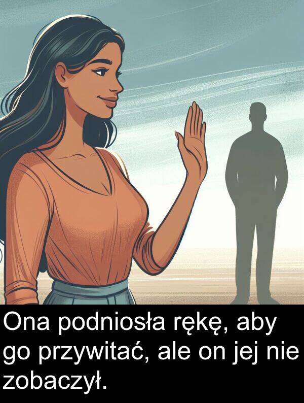 przywitać: Ona podniosła rękę, aby go przywitać, ale on jej nie zobaczył.