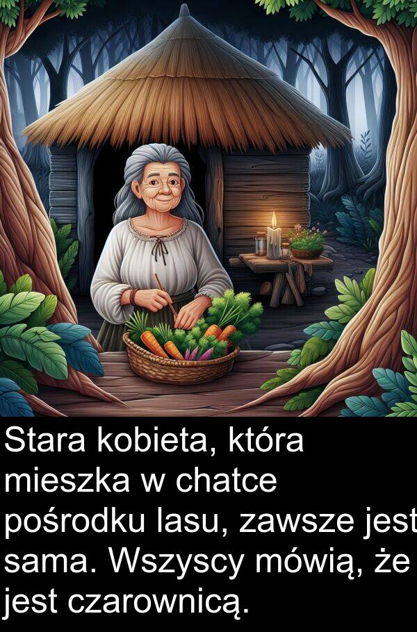 chatce: Stara kobieta, która mieszka w chatce pośrodku lasu, zawsze jest sama. Wszyscy mówią, że jest czarownicą.