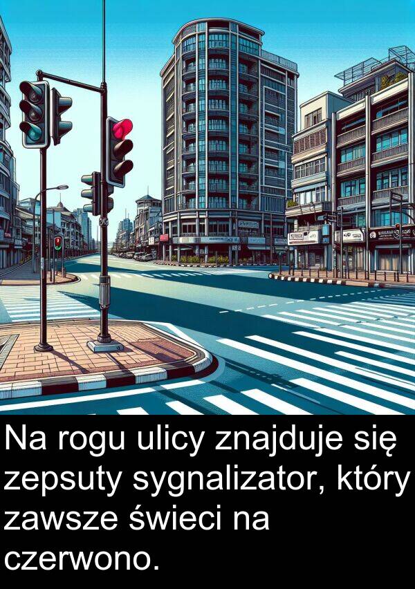 znajduje: Na rogu ulicy znajduje się zepsuty sygnalizator, który zawsze świeci na czerwono.