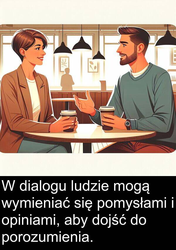 wymieniać: W dialogu ludzie mogą wymieniać się pomysłami i opiniami, aby dojść do porozumienia.