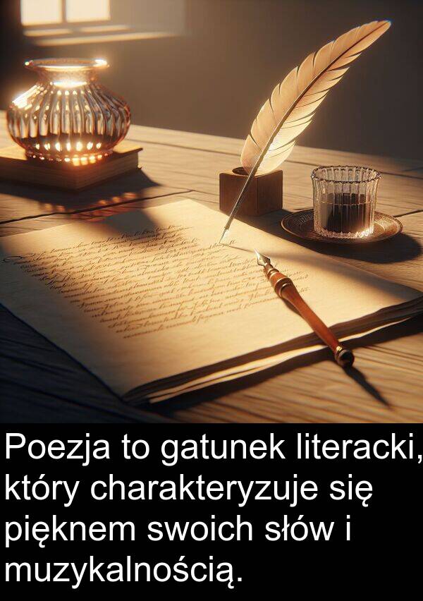 charakteryzuje: Poezja to gatunek literacki, który charakteryzuje się pięknem swoich słów i muzykalnością.