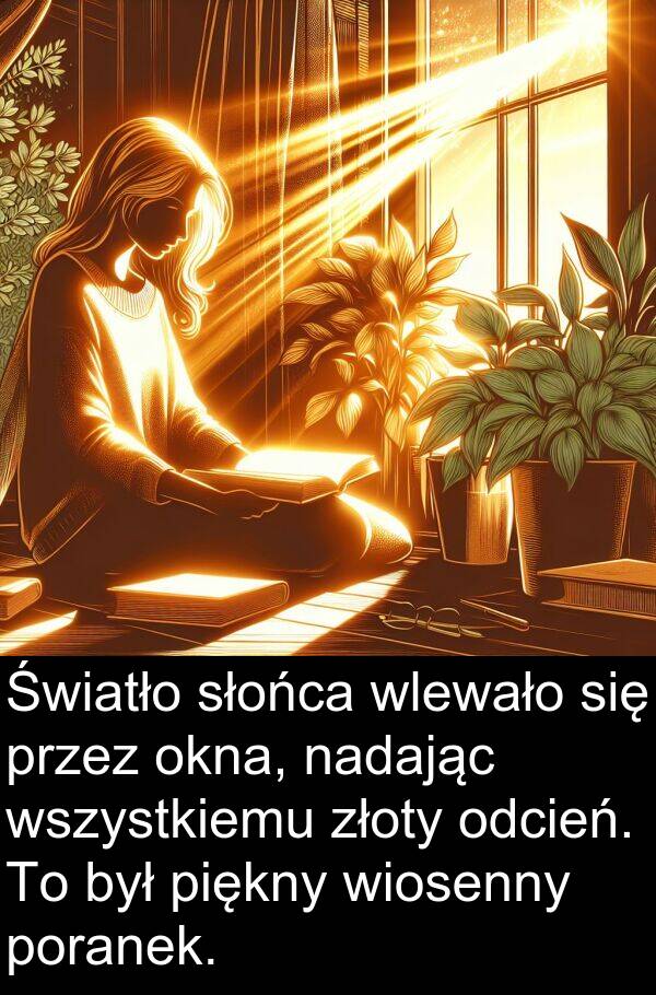 złoty: Światło słońca wlewało się przez okna, nadając wszystkiemu złoty odcień. To był piękny wiosenny poranek.