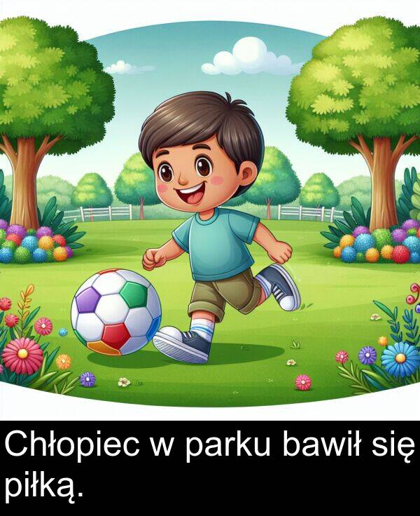 bawił: Chłopiec w parku bawił się piłką.