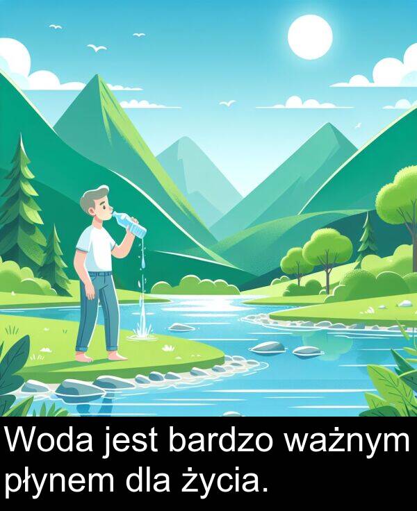 płynem: Woda jest bardzo ważnym płynem dla życia.