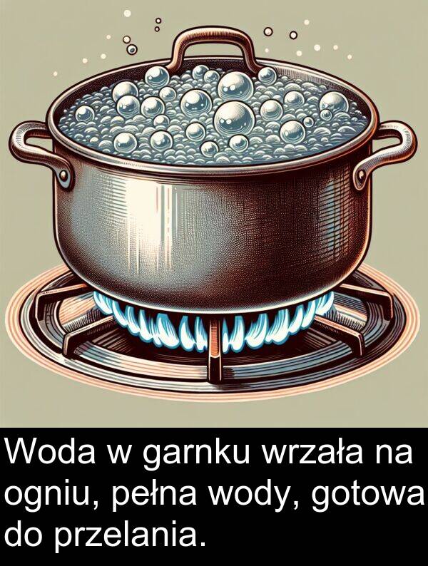 przelania: Woda w garnku wrzała na ogniu, pełna wody, gotowa do przelania.