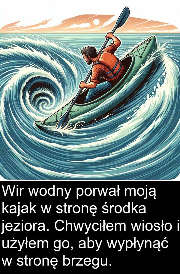 środka: Wir wodny porwał moją kajak w stronę środka jeziora. Chwyciłem wiosło i użyłem go, aby wypłynąć w stronę brzegu.