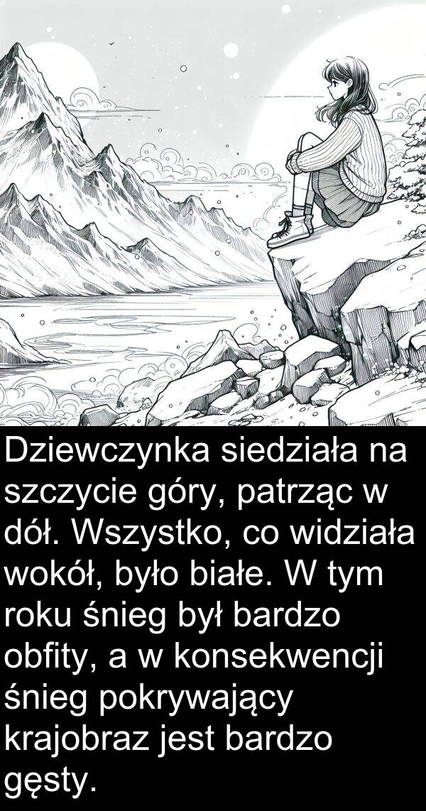 gęsty: Dziewczynka siedziała na szczycie góry, patrząc w dół. Wszystko, co widziała wokół, było białe. W tym roku śnieg był bardzo obfity, a w konsekwencji śnieg pokrywający krajobraz jest bardzo gęsty.