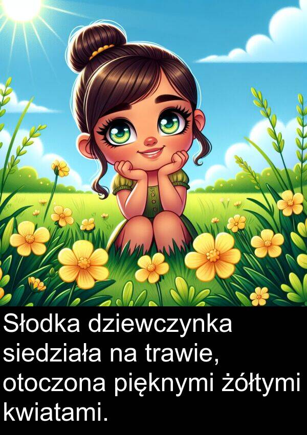 pięknymi: Słodka dziewczynka siedziała na trawie, otoczona pięknymi żółtymi kwiatami.