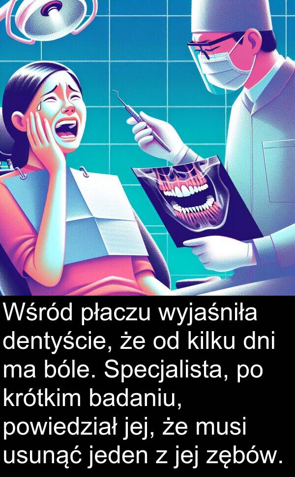 powiedział: Wśród płaczu wyjaśniła dentyście, że od kilku dni ma bóle. Specjalista, po krótkim badaniu, powiedział jej, że musi usunąć jeden z jej zębów.