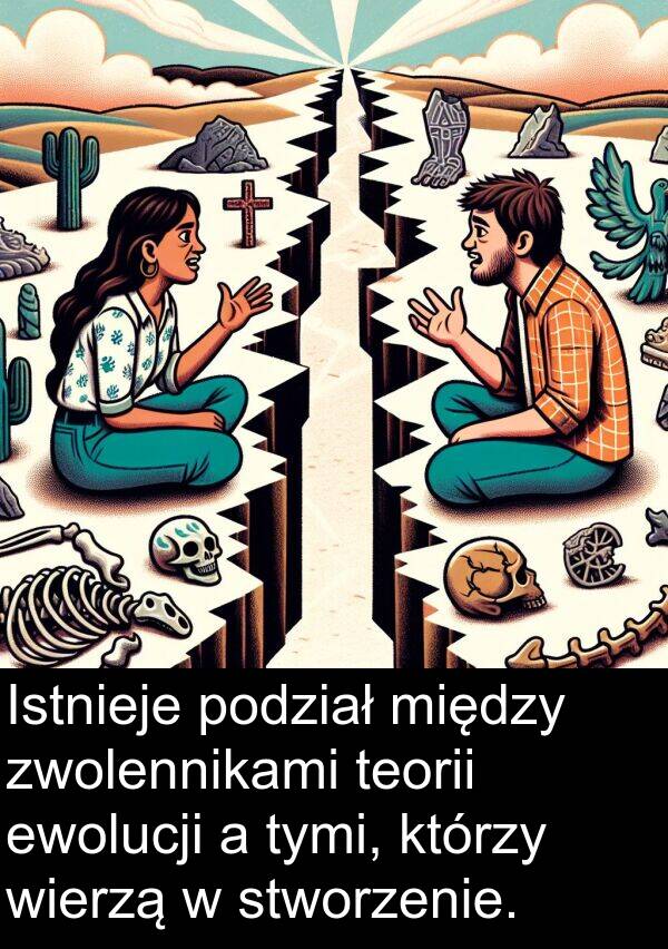 zwolennikami: Istnieje podział między zwolennikami teorii ewolucji a tymi, którzy wierzą w stworzenie.