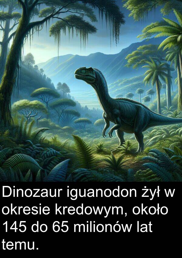 około: Dinozaur iguanodon żył w okresie kredowym, około 145 do 65 milionów lat temu.