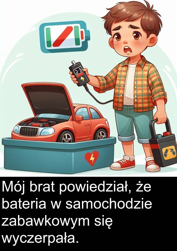 powiedział: Mój brat powiedział, że bateria w samochodzie zabawkowym się wyczerpała.
