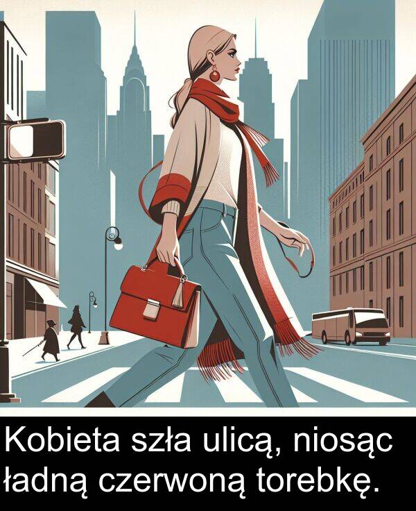 ładną: Kobieta szła ulicą, niosąc ładną czerwoną torebkę.
