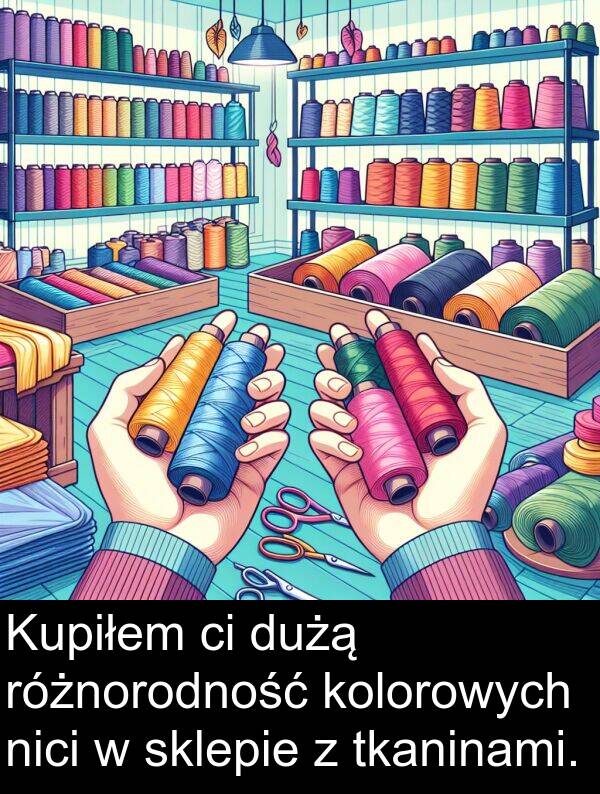 nici: Kupiłem ci dużą różnorodność kolorowych nici w sklepie z tkaninami.