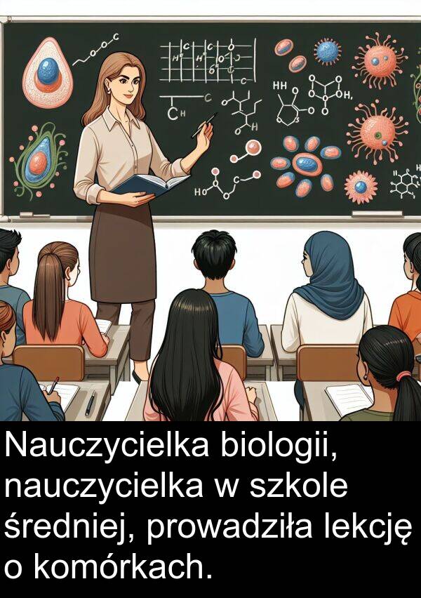 prowadziła: Nauczycielka biologii, nauczycielka w szkole średniej, prowadziła lekcję o komórkach.