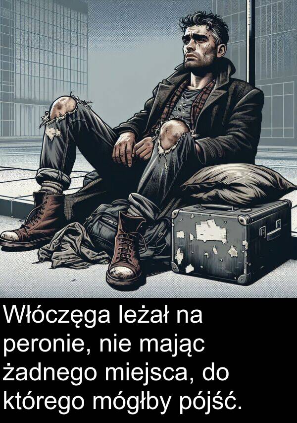 żadnego: Włóczęga leżał na peronie, nie mając żadnego miejsca, do którego mógłby pójść.