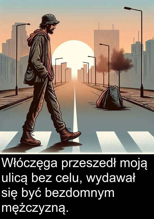 przeszedł: Włóczęga przeszedł moją ulicą bez celu, wydawał się być bezdomnym mężczyzną.