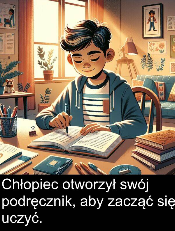 zacząć: Chłopiec otworzył swój podręcznik, aby zacząć się uczyć.