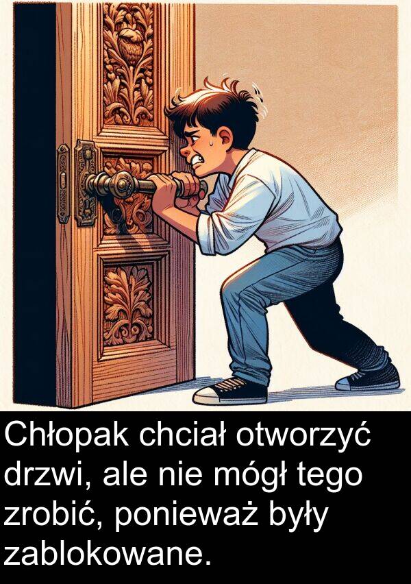 zrobić: Chłopak chciał otworzyć drzwi, ale nie mógł tego zrobić, ponieważ były zablokowane.
