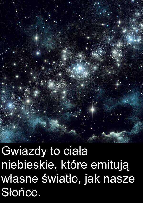 emitują: Gwiazdy to ciała niebieskie, które emitują własne światło, jak nasze Słońce.