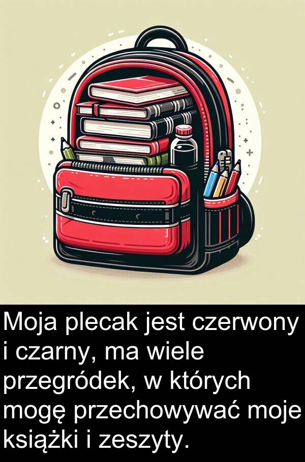 przegródek: Moja plecak jest czerwony i czarny, ma wiele przegródek, w których mogę przechowywać moje książki i zeszyty.