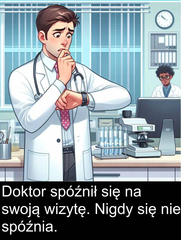 wizytę: Doktor spóźnił się na swoją wizytę. Nigdy się nie spóźnia.
