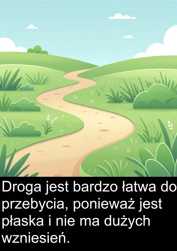 płaska: Droga jest bardzo łatwa do przebycia, ponieważ jest płaska i nie ma dużych wzniesień.