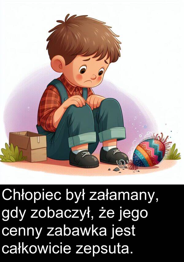 załamany: Chłopiec był załamany, gdy zobaczył, że jego cenny zabawka jest całkowicie zepsuta.