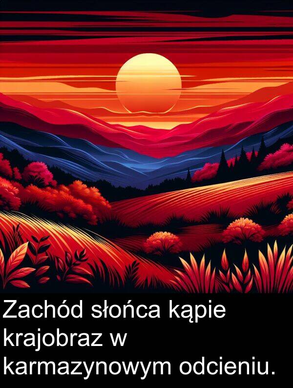 karmazynowym: Zachód słońca kąpie krajobraz w karmazynowym odcieniu.