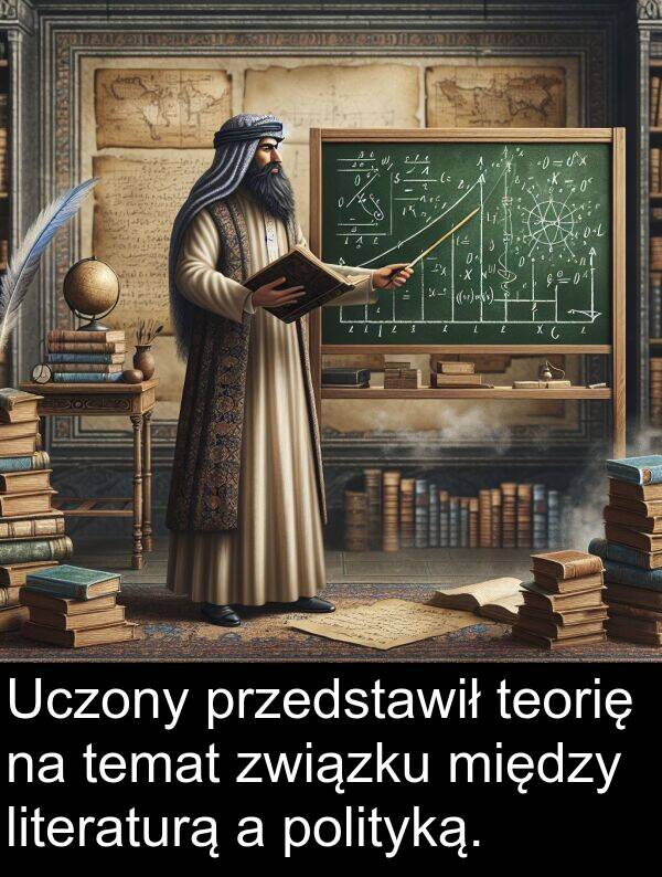 przedstawił: Uczony przedstawił teorię na temat związku między literaturą a polityką.