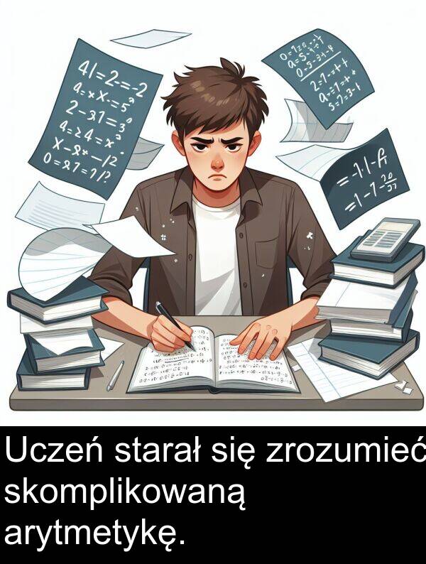 zrozumieć: Uczeń starał się zrozumieć skomplikowaną arytmetykę.