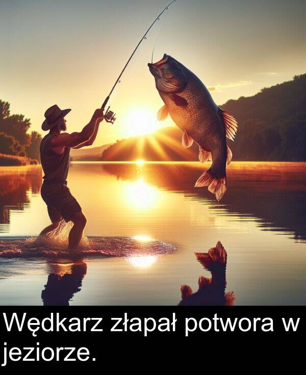 złapał: Wędkarz złapał potwora w jeziorze.