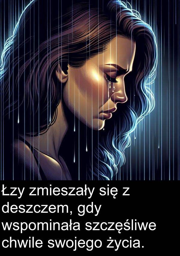 zmieszały: Łzy zmieszały się z deszczem, gdy wspominała szczęśliwe chwile swojego życia.