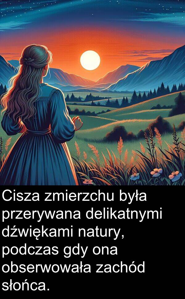 przerywana: Cisza zmierzchu była przerywana delikatnymi dźwiękami natury, podczas gdy ona obserwowała zachód słońca.