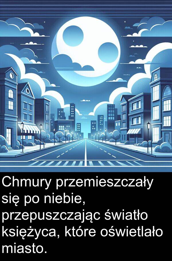 przemieszczały: Chmury przemieszczały się po niebie, przepuszczając światło księżyca, które oświetlało miasto.
