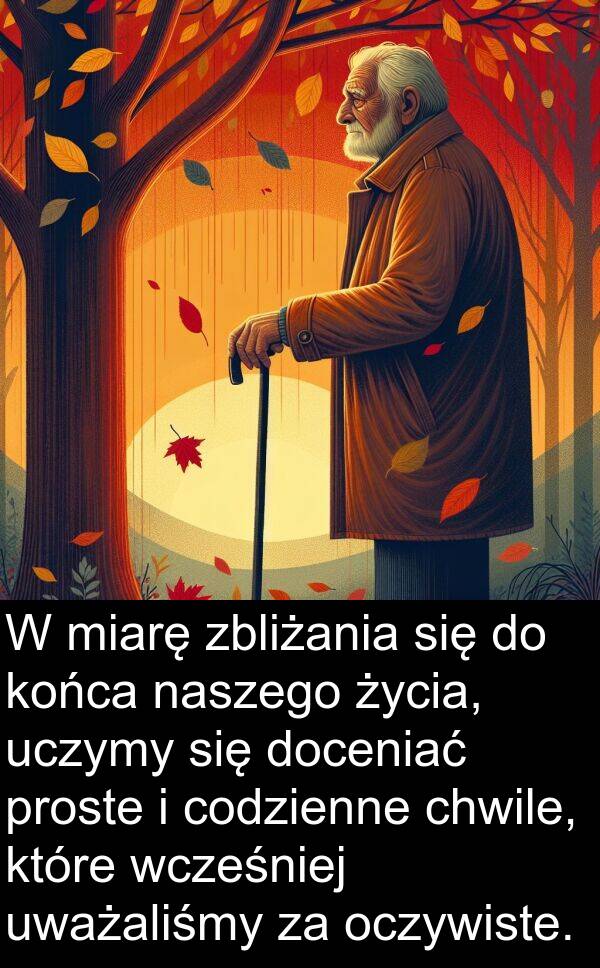 doceniać: W miarę zbliżania się do końca naszego życia, uczymy się doceniać proste i codzienne chwile, które wcześniej uważaliśmy za oczywiste.