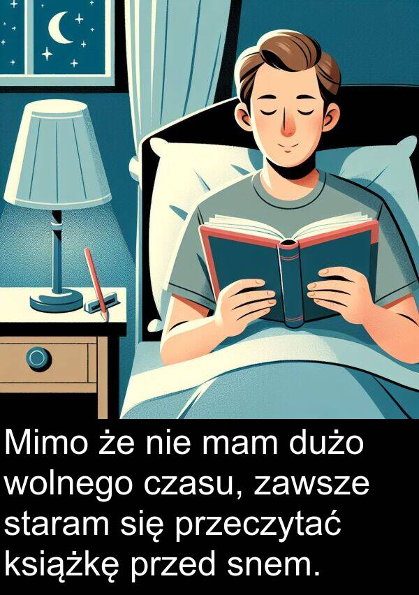 przeczytać: Mimo że nie mam dużo wolnego czasu, zawsze staram się przeczytać książkę przed snem.