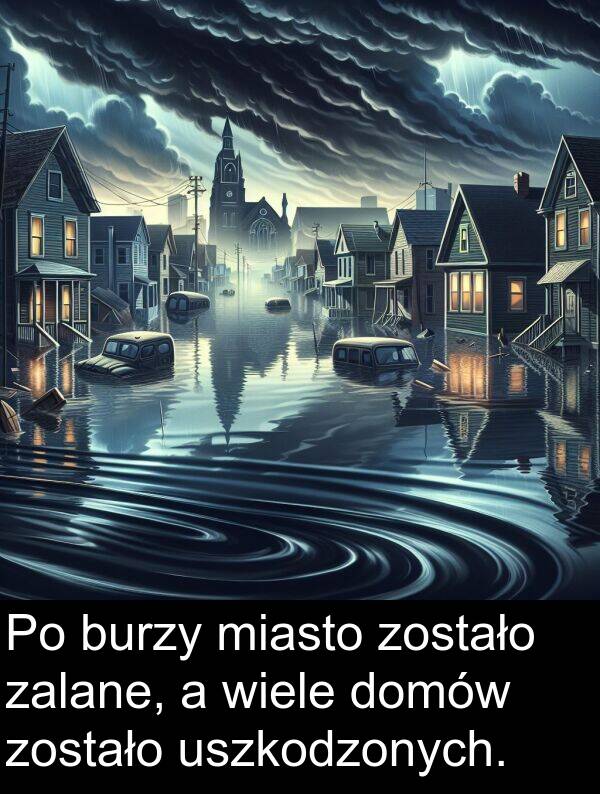 zostało: Po burzy miasto zostało zalane, a wiele domów zostało uszkodzonych.