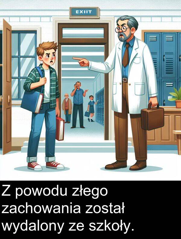 zachowania: Z powodu złego zachowania został wydalony ze szkoły.