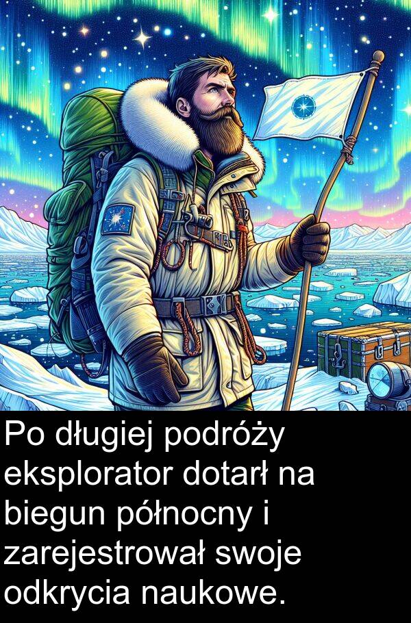 północny: Po długiej podróży eksplorator dotarł na biegun północny i zarejestrował swoje odkrycia naukowe.